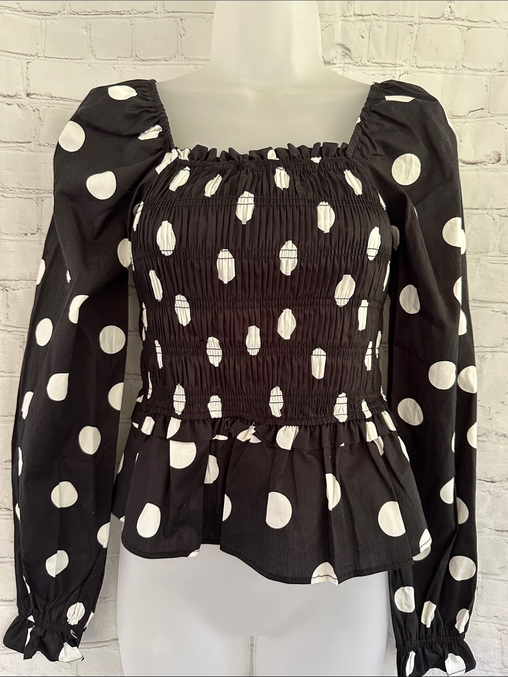 Francesca’s NWT Black and White Polka Dot Smocked Peplum Blouse size S